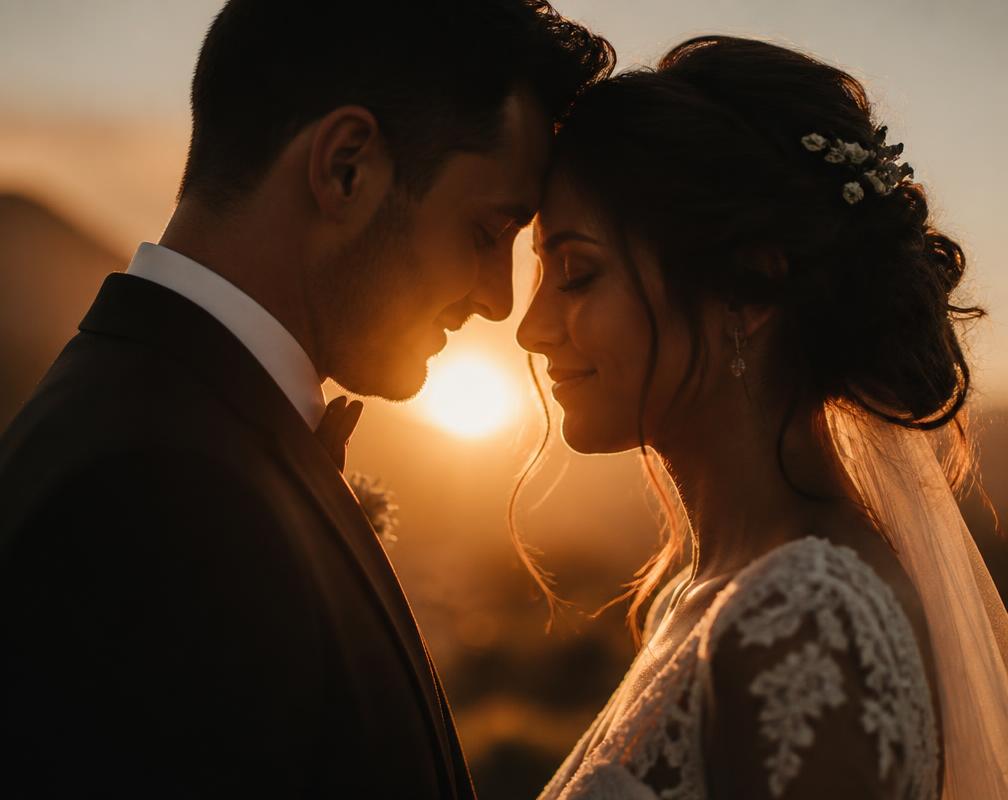 Bride and groom with foreheads touching at sunset