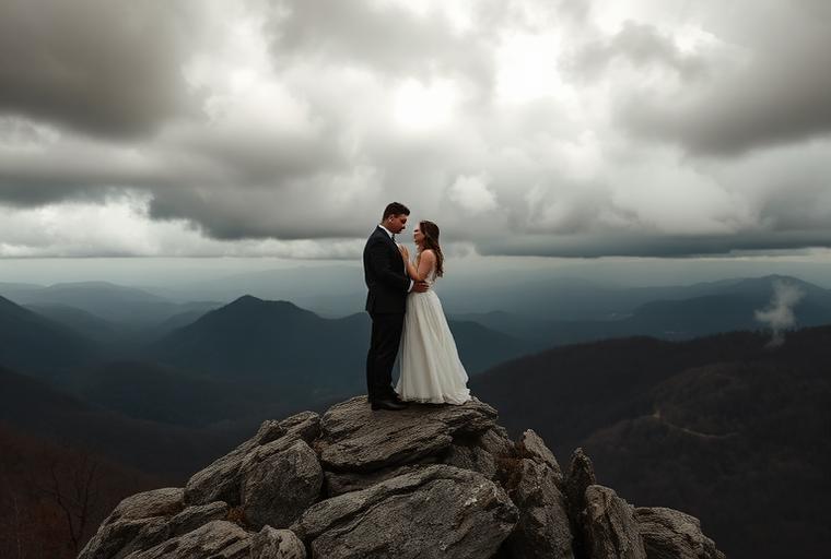 Couple eloping on a mountain overlook