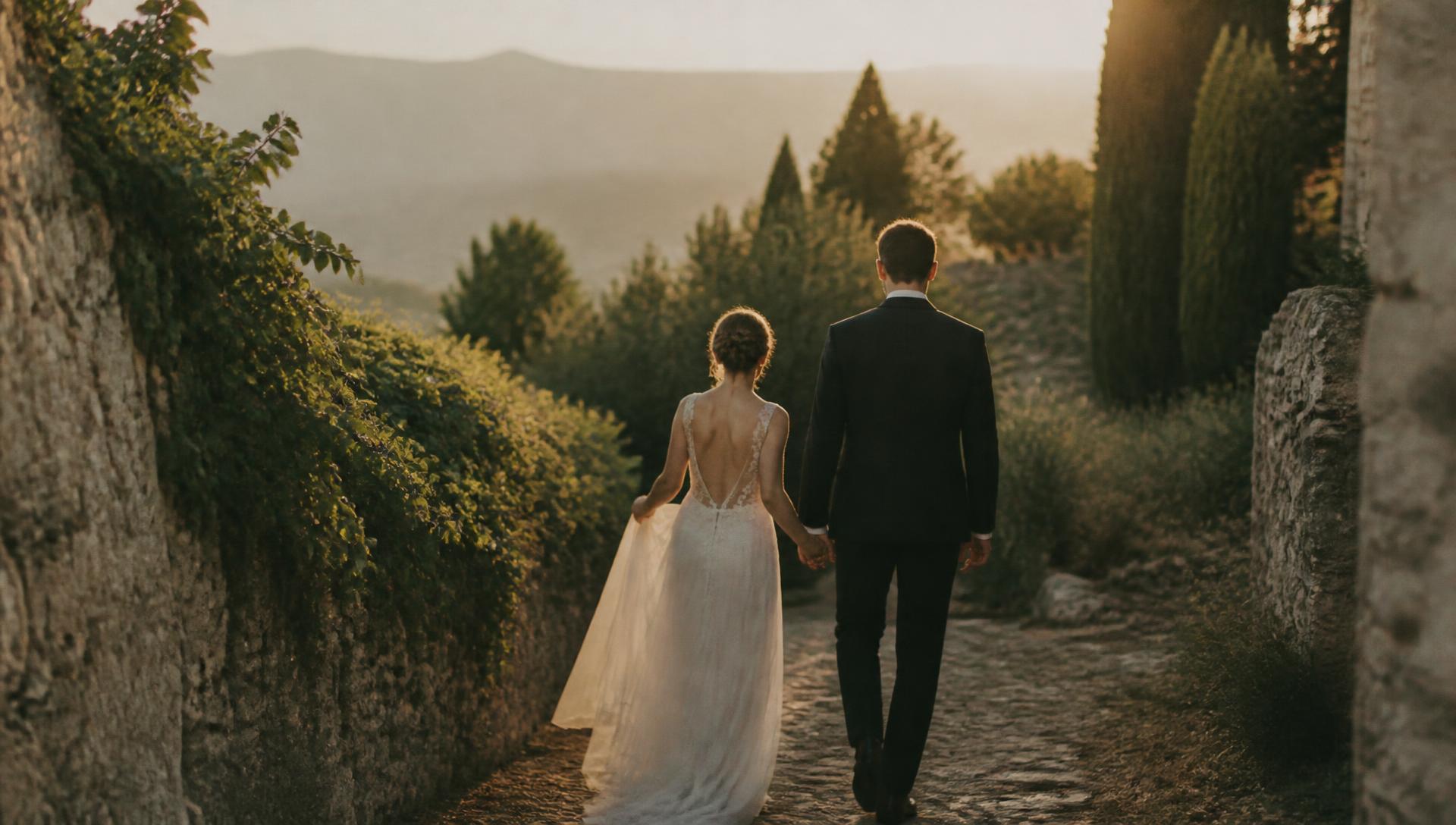 Couple walking hand in hand down a stone path at golden hour