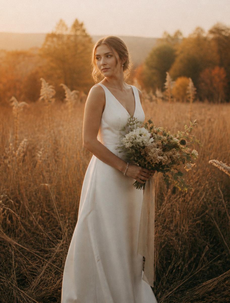 Bride at golden hour in an autumn field