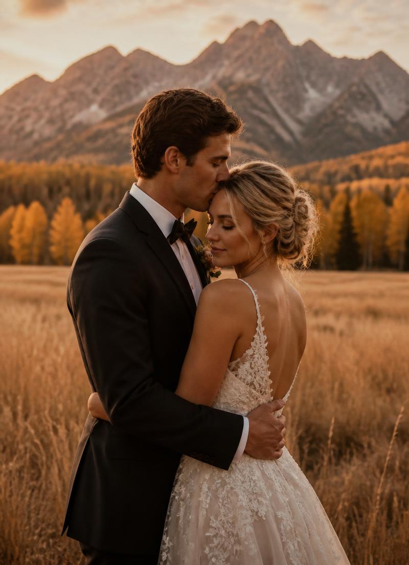Couple embracing in a golden field at sunset