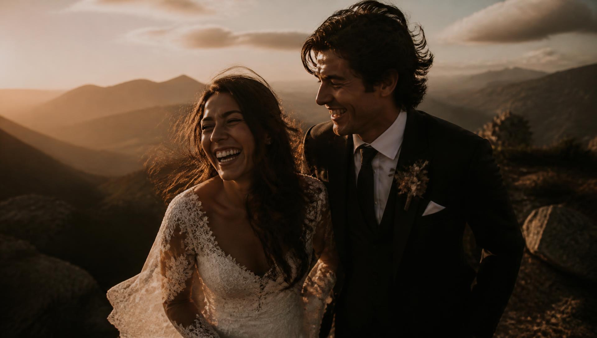 Bride and groom laughing together at golden hour in the mountains