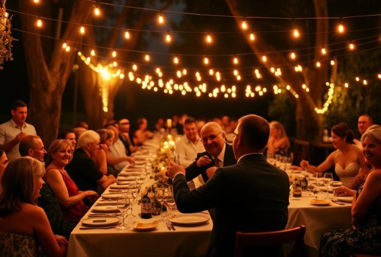 Wedding reception dinner under string lights